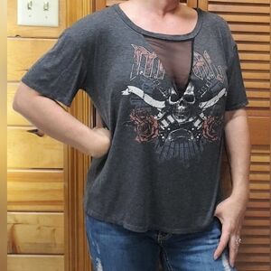 Charlotte Russe Gray Graphic Tee With Mesh V Neck Size Medium